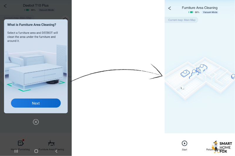 In der 3D-Karte werden die Möbel angeklickt, unter welchen gereinigt werden soll.